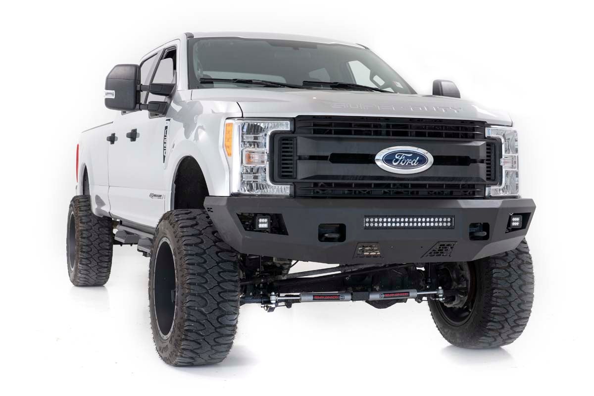 Ford F-250 Super Duty Front Bumper - Rough Country - LED Bumper with Cube and Light Bar - Flat Black - '17-'22